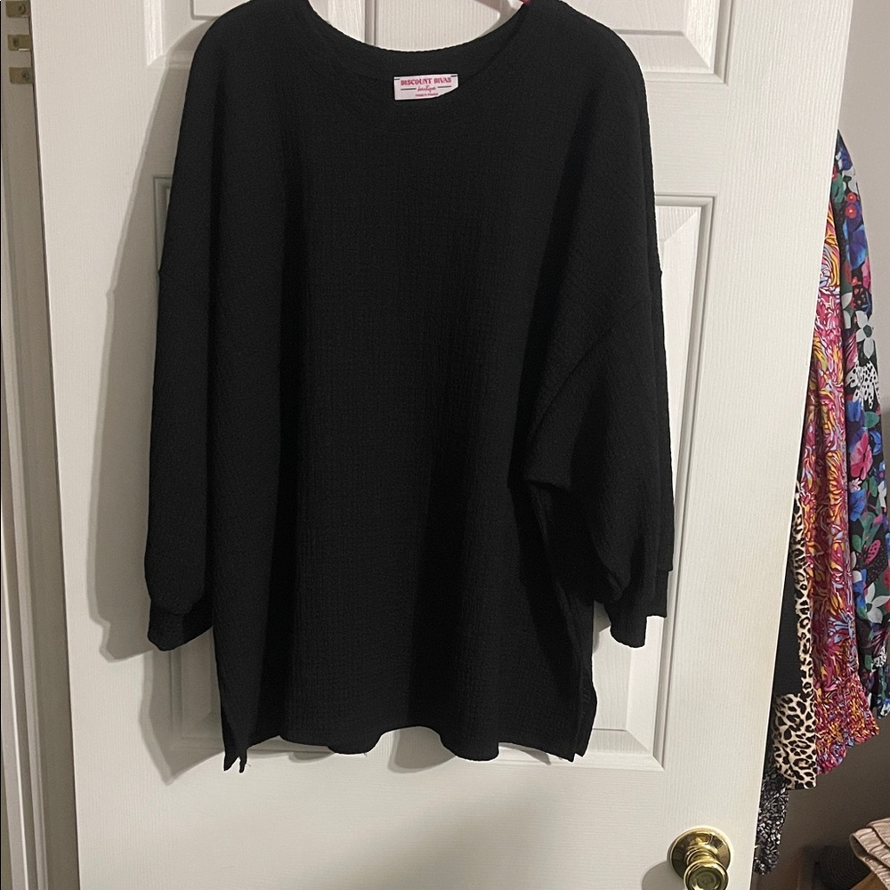 Black Oversized Waffle Knit Tunic Top - Relaxed Crew Neck